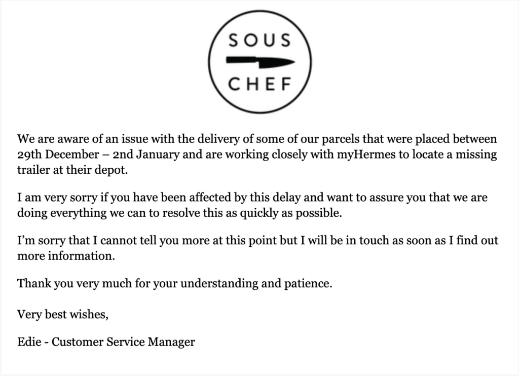 Sous Chef Missing Delivery Email 1