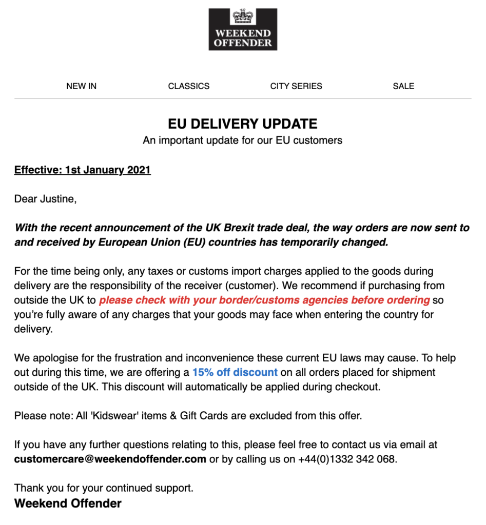 Weekend Offender EU Shipping Email