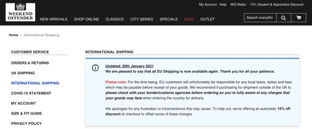 Impact of Brexit on Weekend Offender Shipping Page