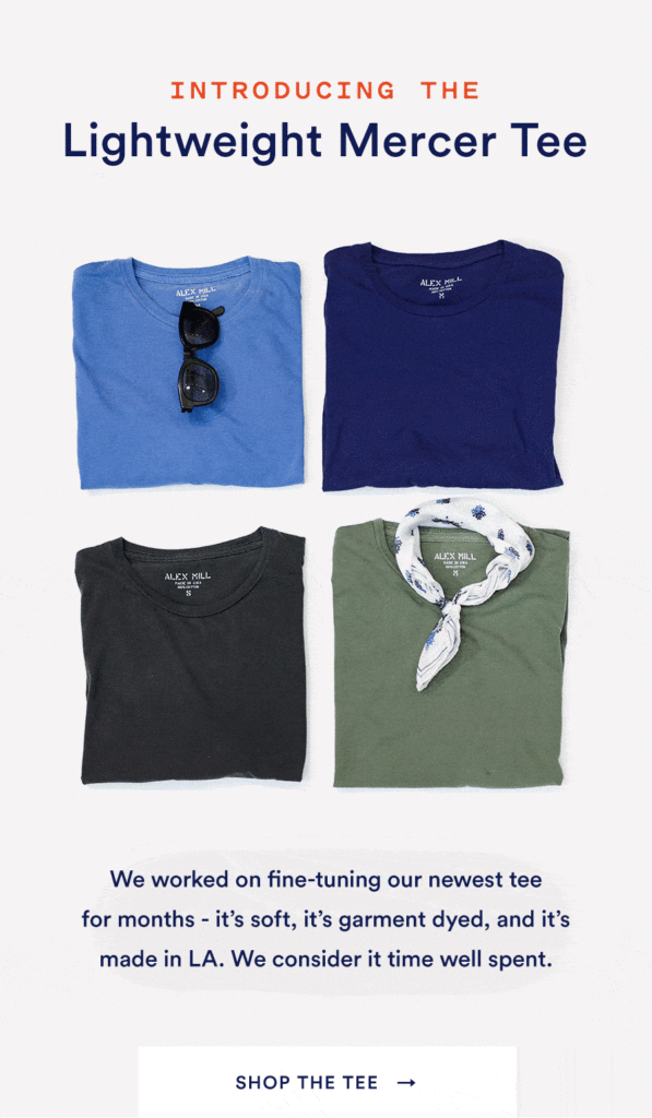 4 t-shirts and a neck tie in an email