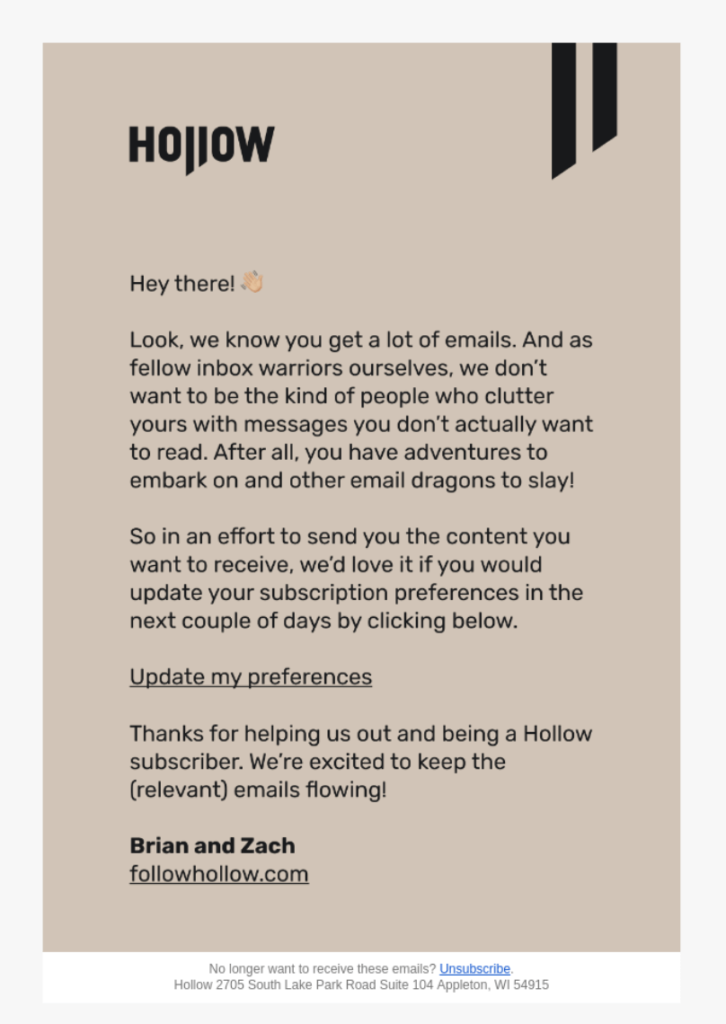 plain text email from brian and zach at hollow