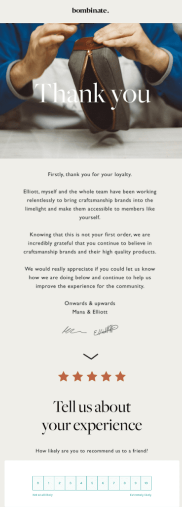 Bombinate, European artisan marketplace email focusing on customer reviews.
