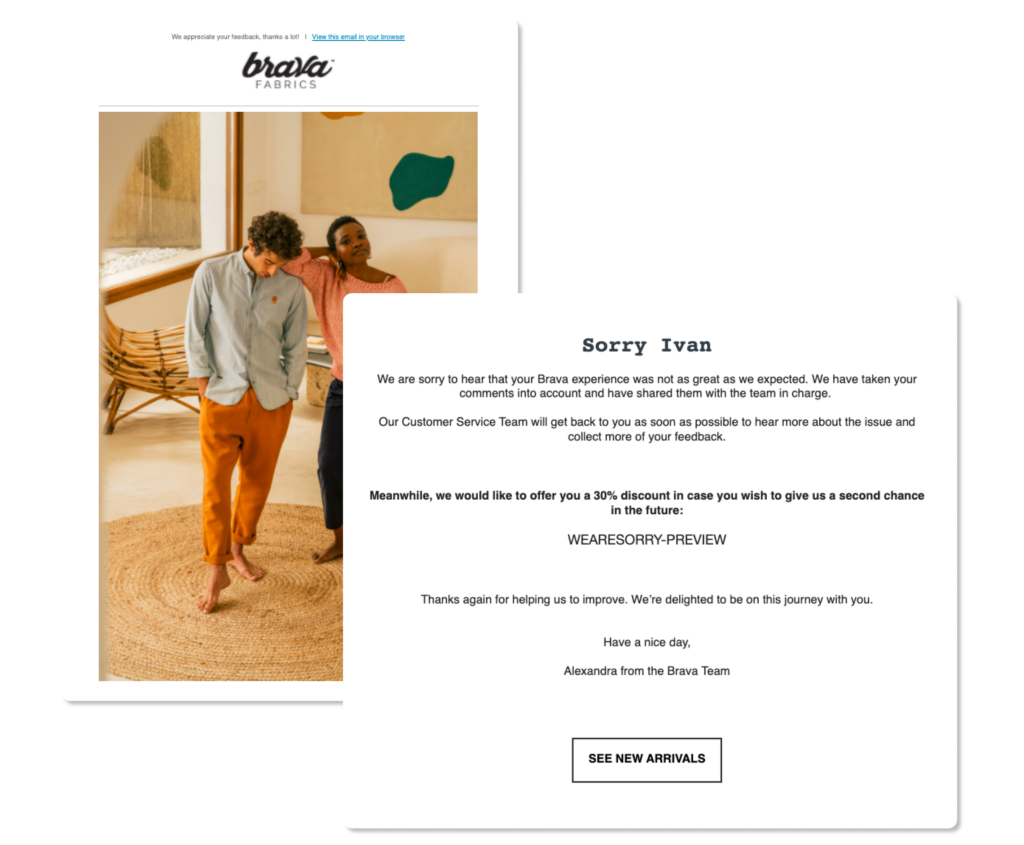 Brava Fabrics' alternative email for unhappy customers - a discount offer