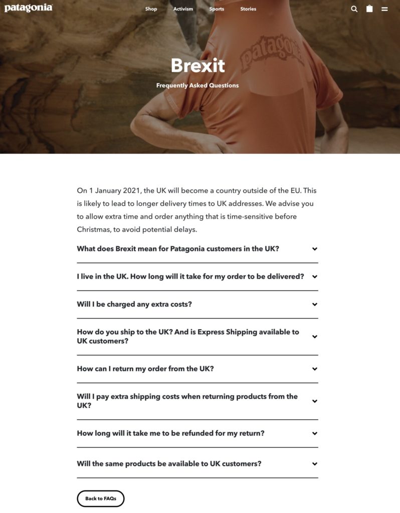 Patagonia's Brexit FAQs Page