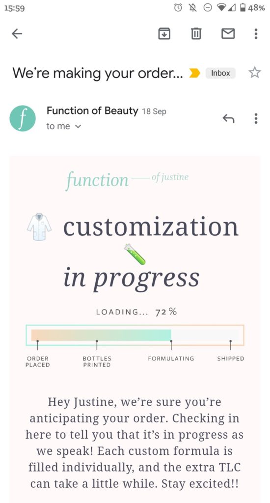 Function of Beauty Shipping Timeline Email