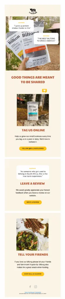 Image shows an email from an ecommerce brand that invites customers to share their experiences. 