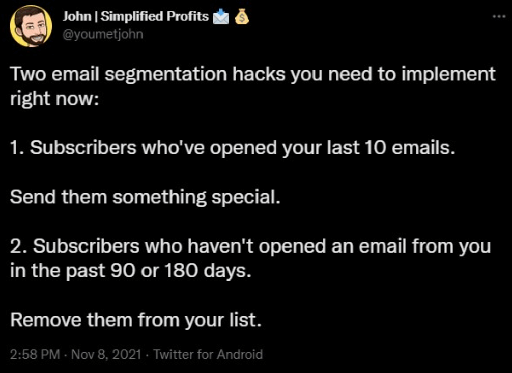 twitter post that outlines email segmentation hacks