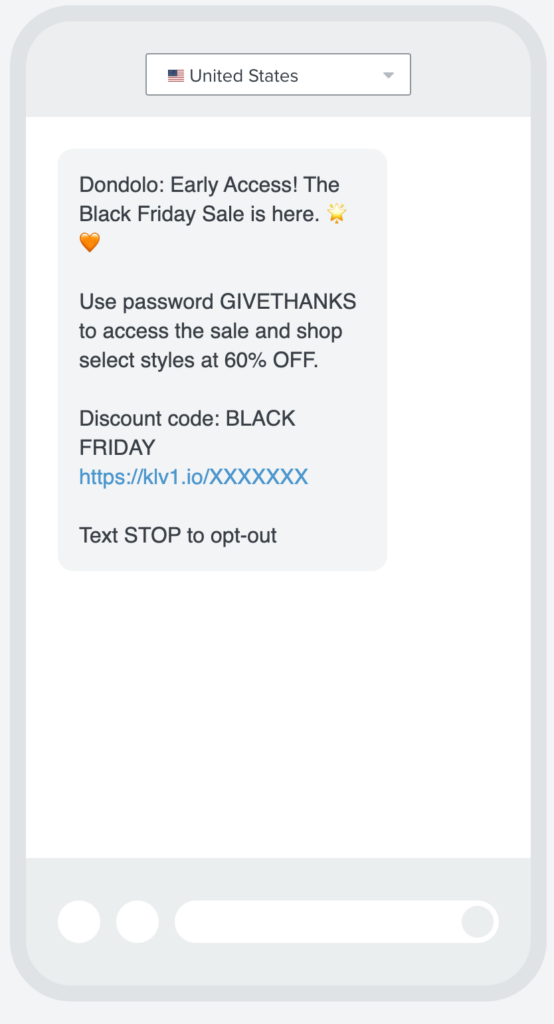 dondolo early access black friday text message marketing campaign