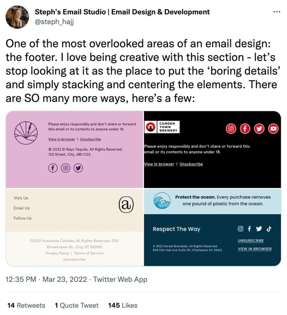 twitter example of different email footers