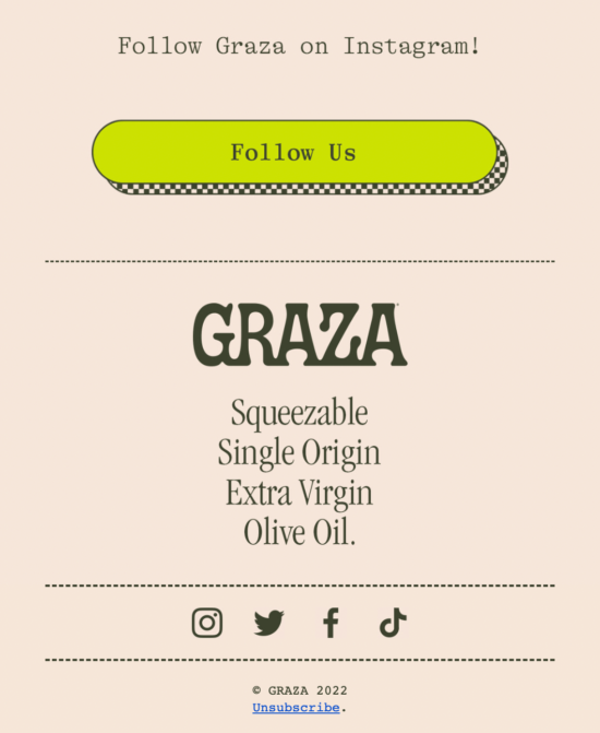 lime green follow button in the footer of graza's email