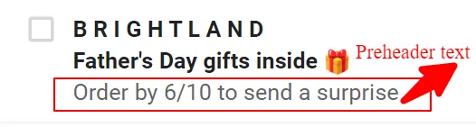 red box around the pre-header text of brightland's email