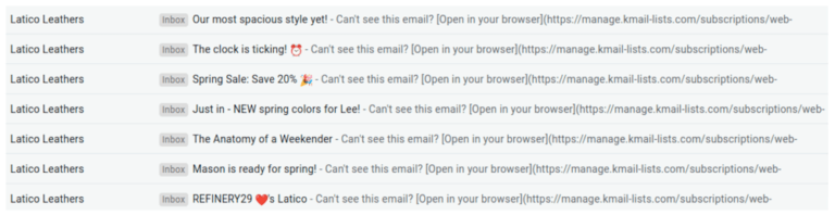 Image shows email subject lines, a split testing example