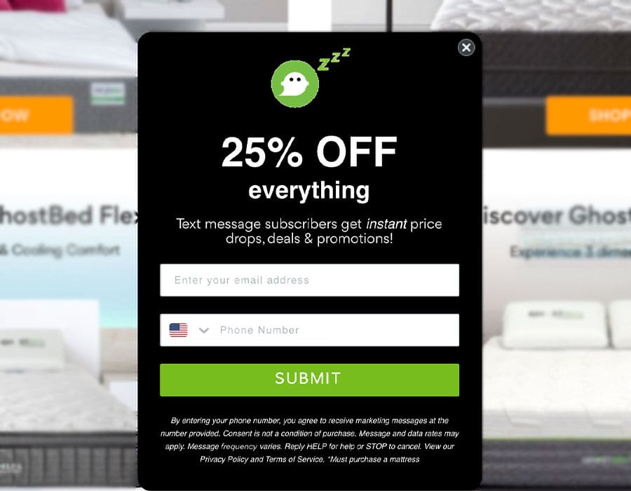 Ghost Bed signup form for 25% off