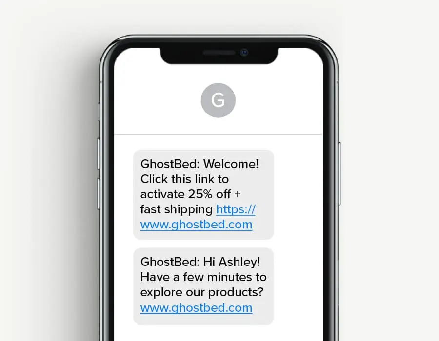Ghost bed welcome text marketing for 25% off