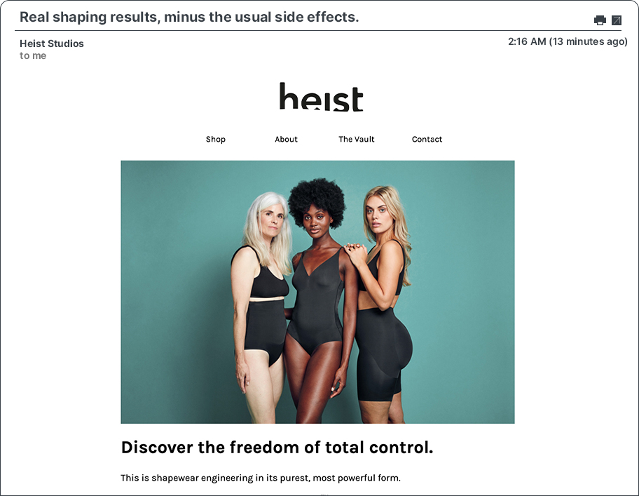 A screenshot of an email campaign from Heist Studios.