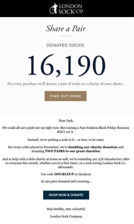 Screenshot of an email campaign from London Sock Co.