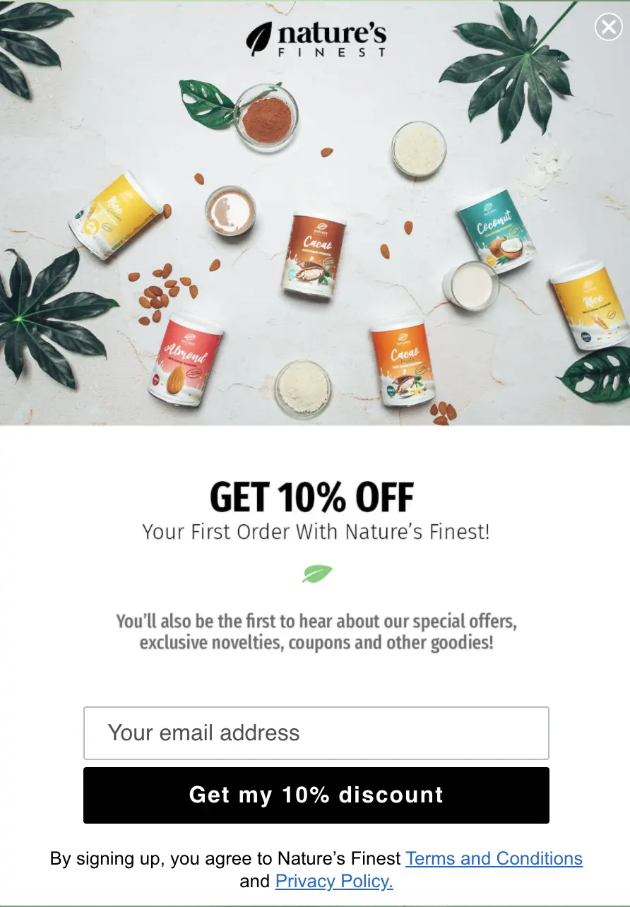 Nature's Finest popup that offers 10% welcome discount