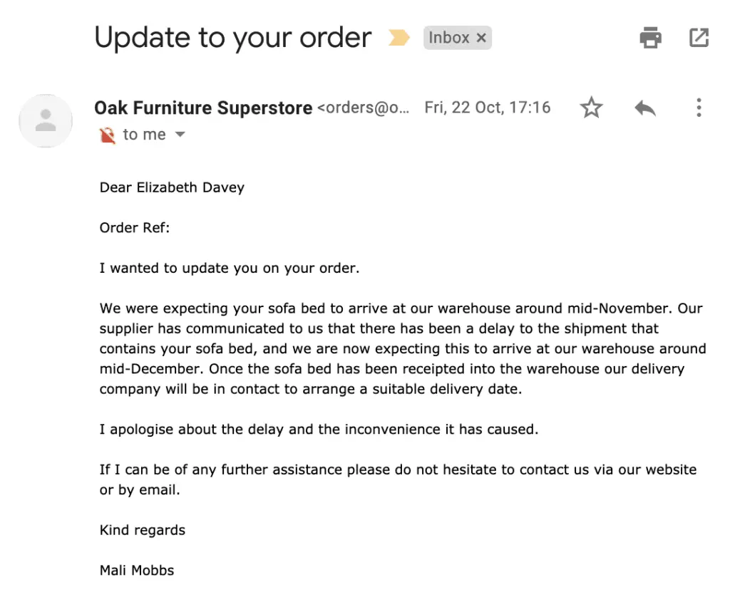 An email that announces a shipping delay from Oakland furniture