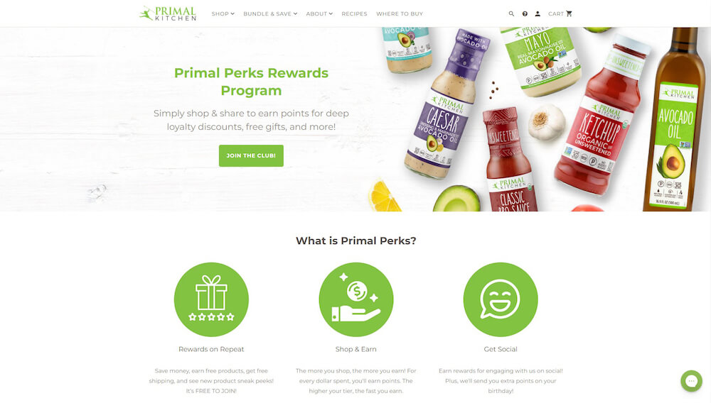 primal kitchen products on their webpage about perks