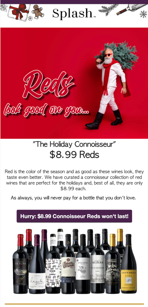 Screenshot of an email campaign from Splash Wines.