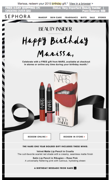 Sephora birthday personalized email offer for a free gift