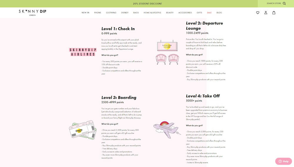 skinny dip's tiers of rewards on their web page with logos