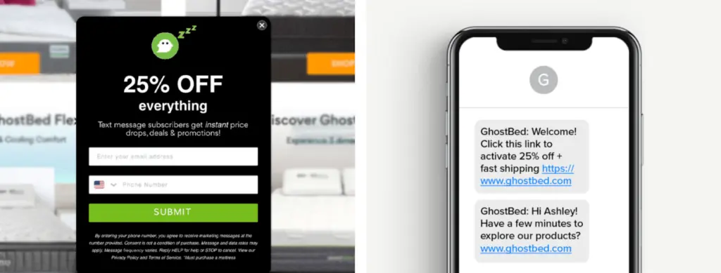 Image shows a targeted SMS sign-up form and corresponding welcome series text message from GhostBed. 