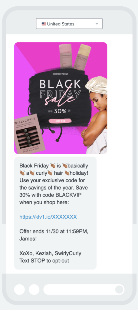 swirly curly black friday sms message campaign