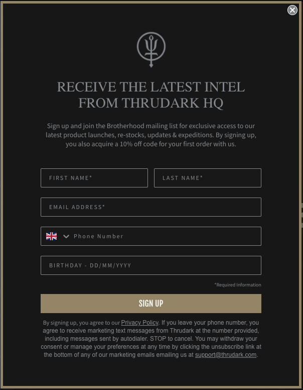 ThruDark popup that asks web visitors if they want to subscribe for the latest intel and asks for both email and SMS.