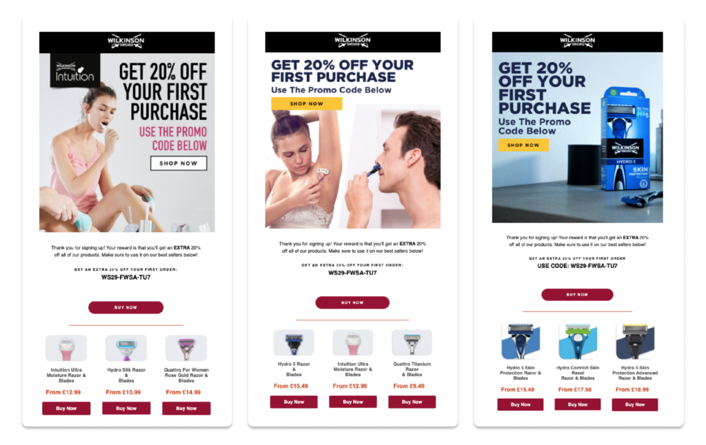 Screenshots of emails from Wilkinson Sword.