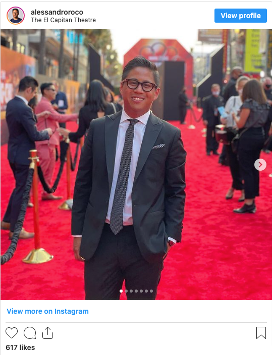 Image shows a post from Alessandro Roco's Instagram feed of him on a red carpet.