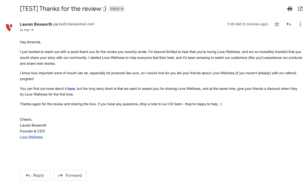 Love Wellness's email from founder, Lo Bosworth, goes out to customers who left a review, asking them to refer a friend.