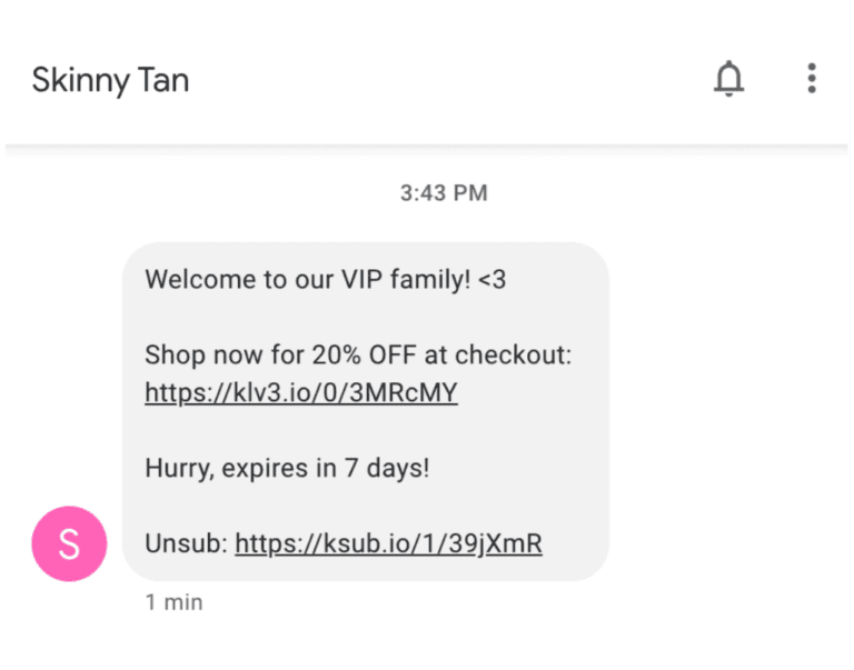 Skinny Tan SMS text message