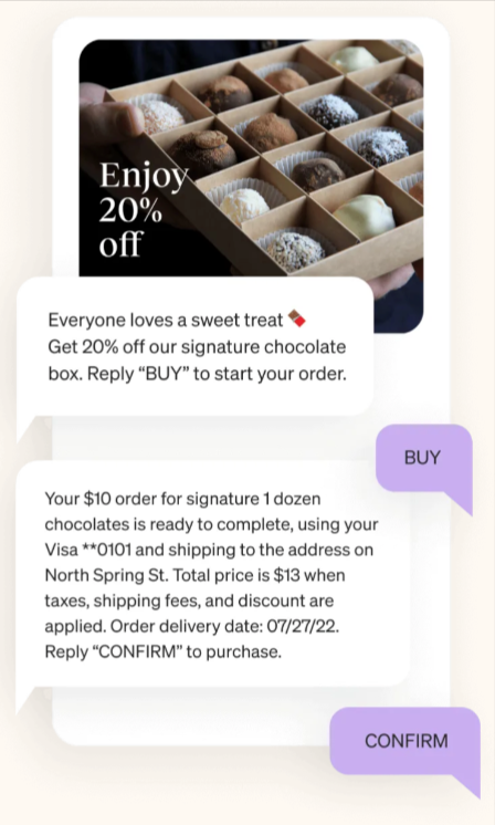 Text-to-buy connects customer profiles to Shop Pay, and prompts the customer to purchase an item with a keyword. Then, with an additional confirmation prompt, the purchase is processed—no credit card entry required.