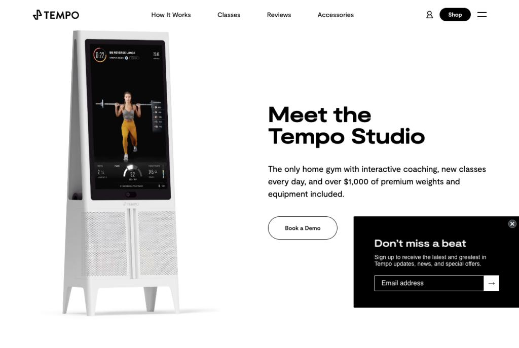 Flyout form on Tempo fit's website encouraging customers to signup for brand updates.