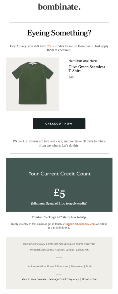 green t-shirt in the top of an email showing someone's credit count