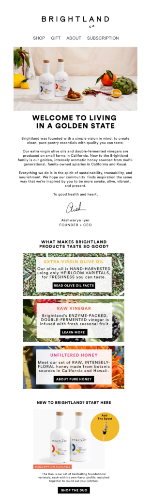 welcome email from brightland that explains their ingredients