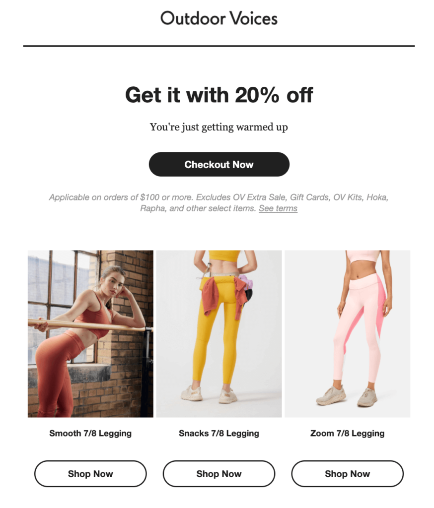 out voices email with various types of leggings