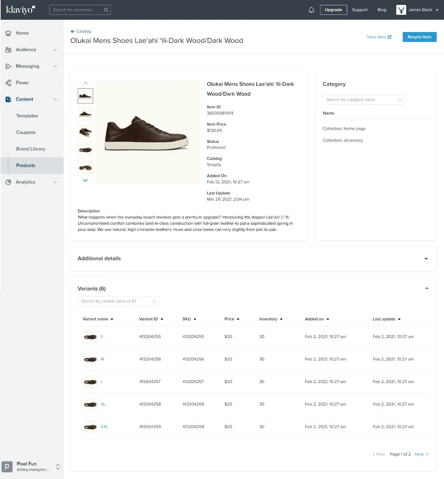 Catalog data for products in Klaviyo platform