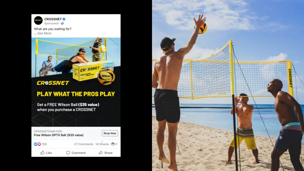 Crossnet, a Klaviyo customer marketing message on the left and a volleyball game at the beach on the right