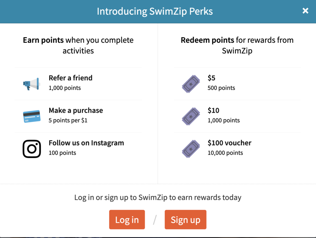 Image shows a rewards program telling the user how many points they get for different loyalty activities.