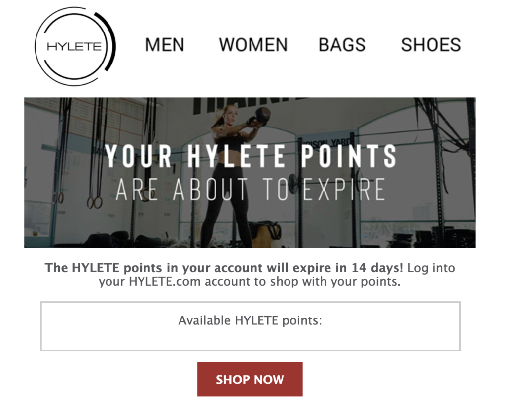 Image shows an email from a brand telling the user that their points are about to expire, motivating them to shop. 