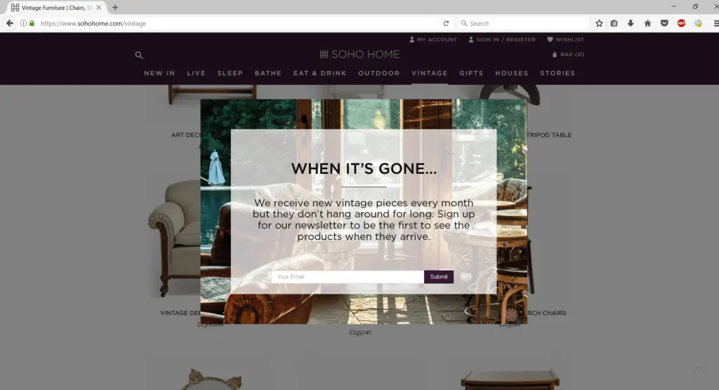 exit popup that tells customers when the brand gets new vintage pieces in