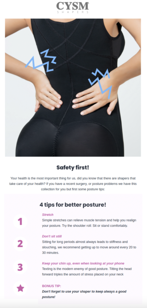 woman wearing black with her hands on her back in a cysm email