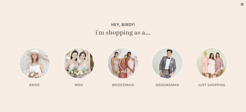 options to choose who you're shopping for in a birdie email