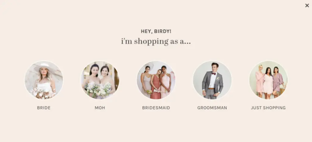 options to choose who you're shopping for in a birdie email
