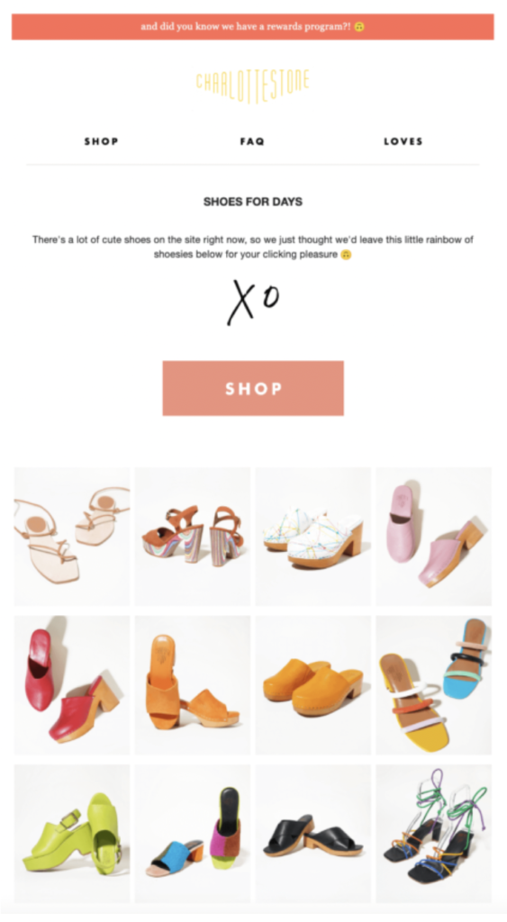 multicolored shoes in a charlotte stone email
