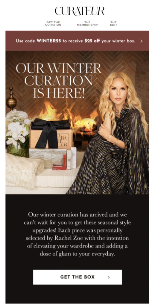 rachel zoe sitting by a fire in a curateur email