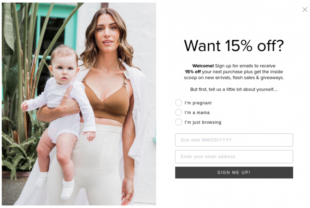 blanqi signup form popup with a woman holding a baby and a 15% discount