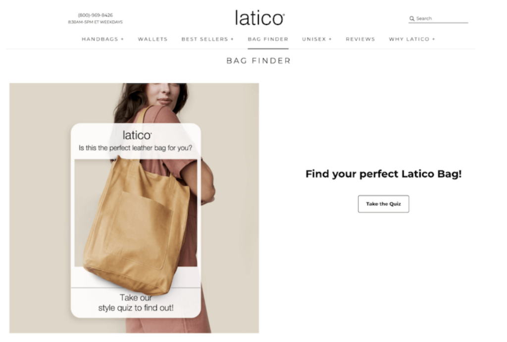 latico leathers bag finder quiz on their site with a woman holding a bag on the left